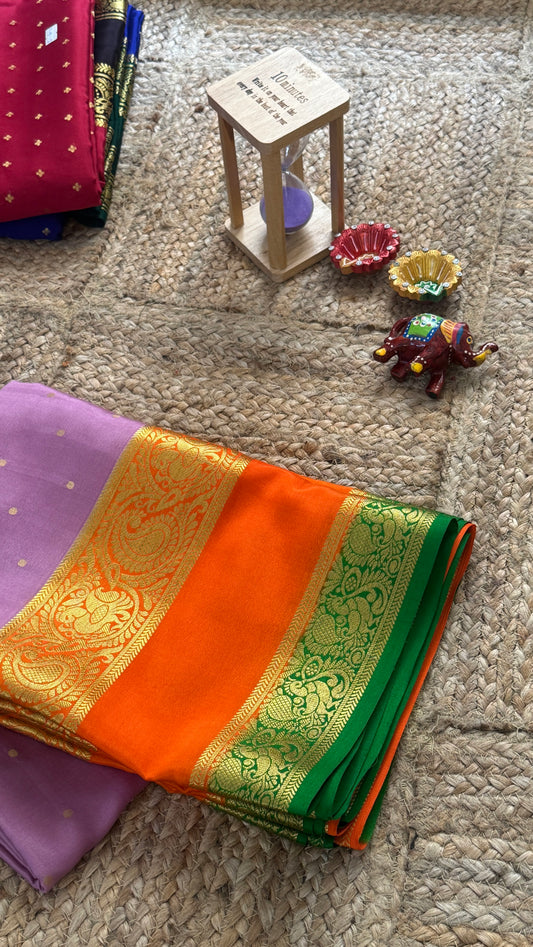 Pure Mysore Silk Saree - Body Button Bentex - Mauve Orange Green