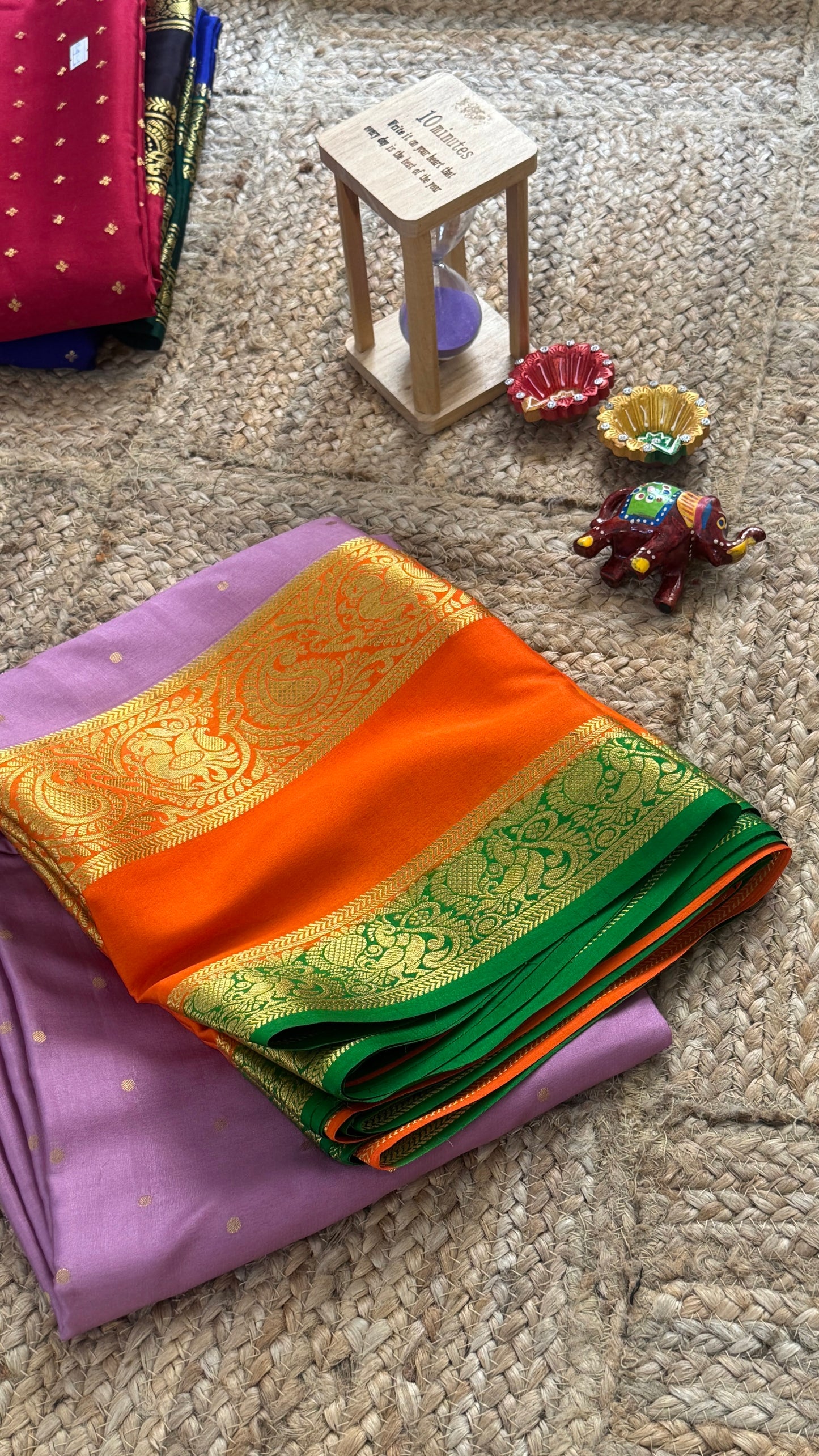 Pure Mysore Silk Saree - Body Button Bentex - Mauve Orange Green
