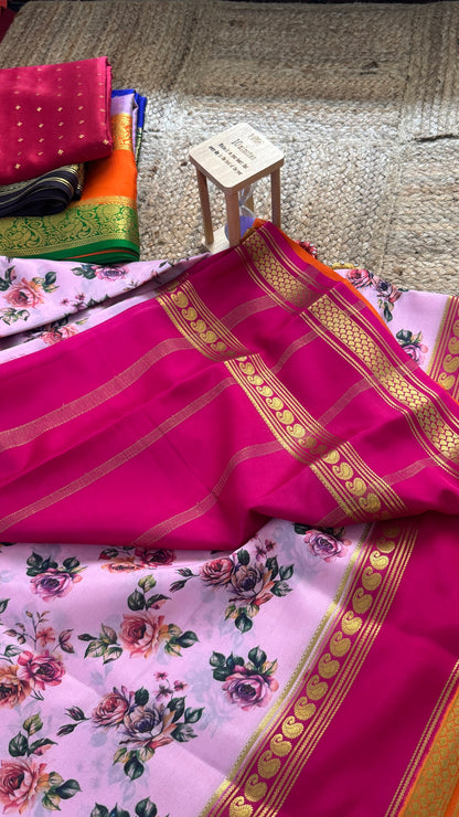 Pure Mysore Silk Saree - Piping Bentex Printed - Pink