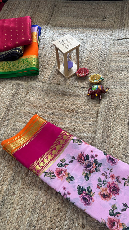 Pure Mysore Silk Saree - Piping Bentex Printed - Pink