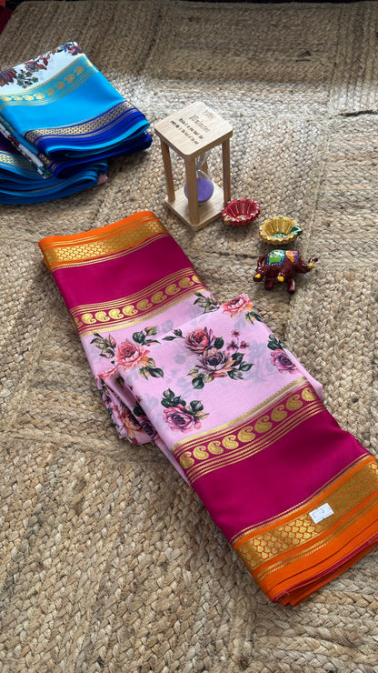 Pure Mysore Silk Saree - Piping Bentex Printed - Pink