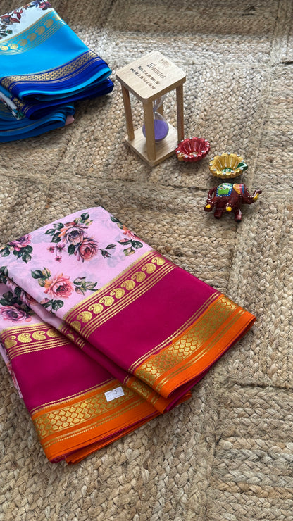 Pure Mysore Silk Saree - Piping Bentex Printed - Pink