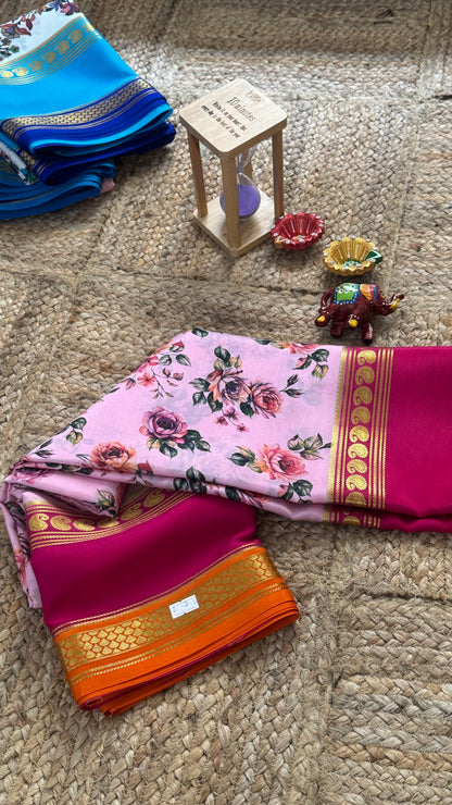 Pure Mysore Silk Saree - Piping Bentex Printed - Pink