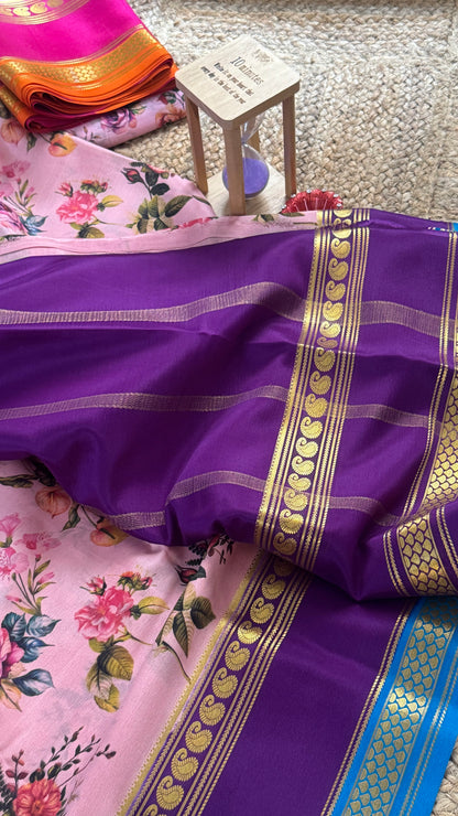 Pure Mysore Silk Saree - Piping Bentex Printed - Purple