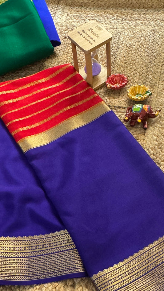 Pure Mysore Silk Saree - Center Stripes - Blue and Red