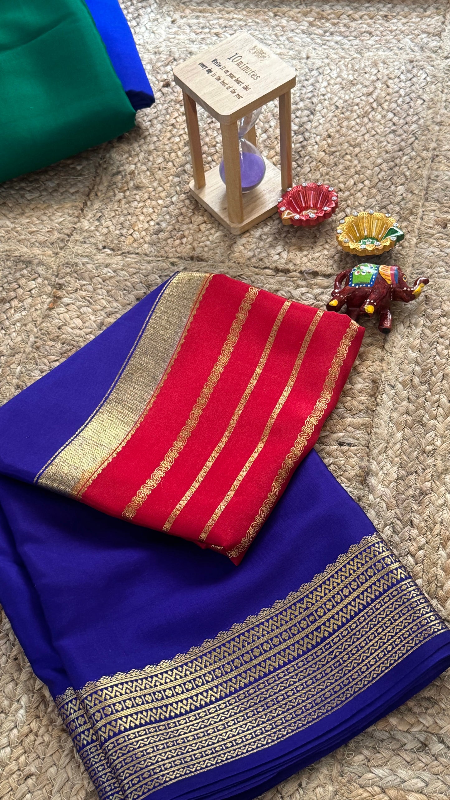 Pure Mysore Silk Saree - Center Stripes - Blue and Red