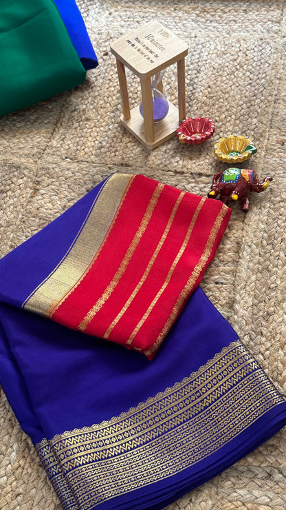 Pure Mysore Silk Saree - Center Stripes - Blue and Red