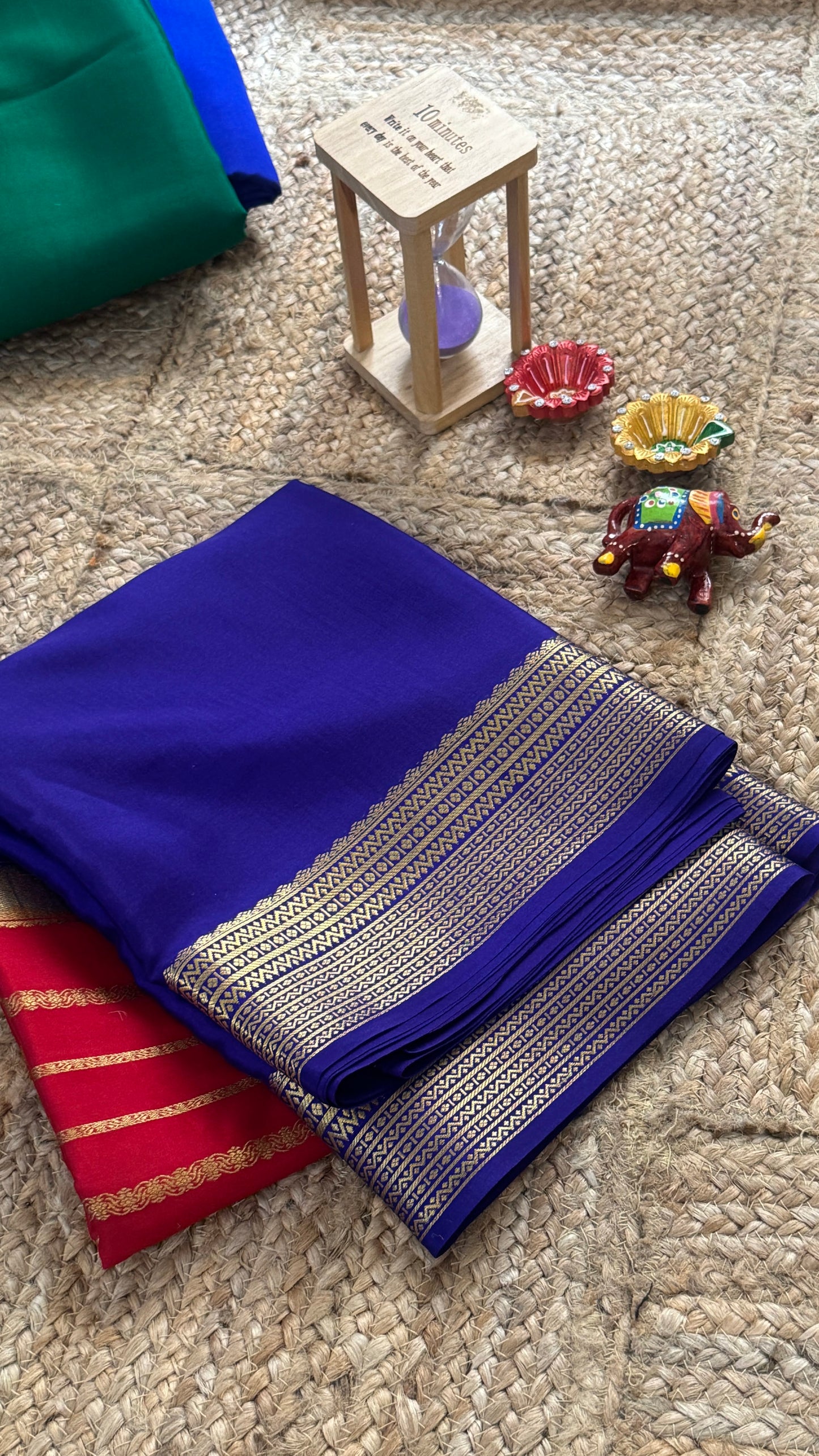 Pure Mysore Silk Saree - Center Stripes - Blue and Red