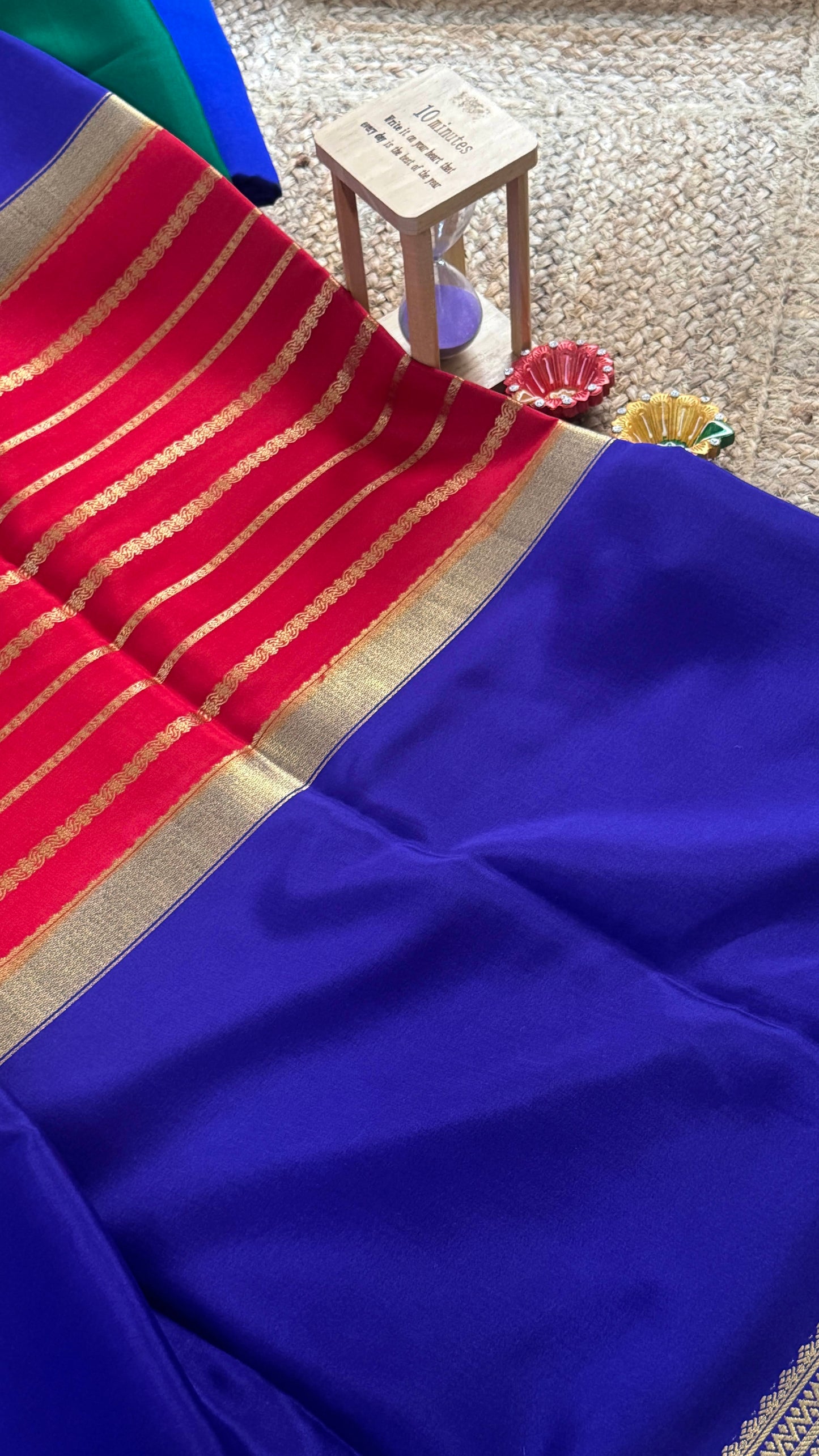 Pure Mysore Silk Saree - Center Stripes - Blue and Red