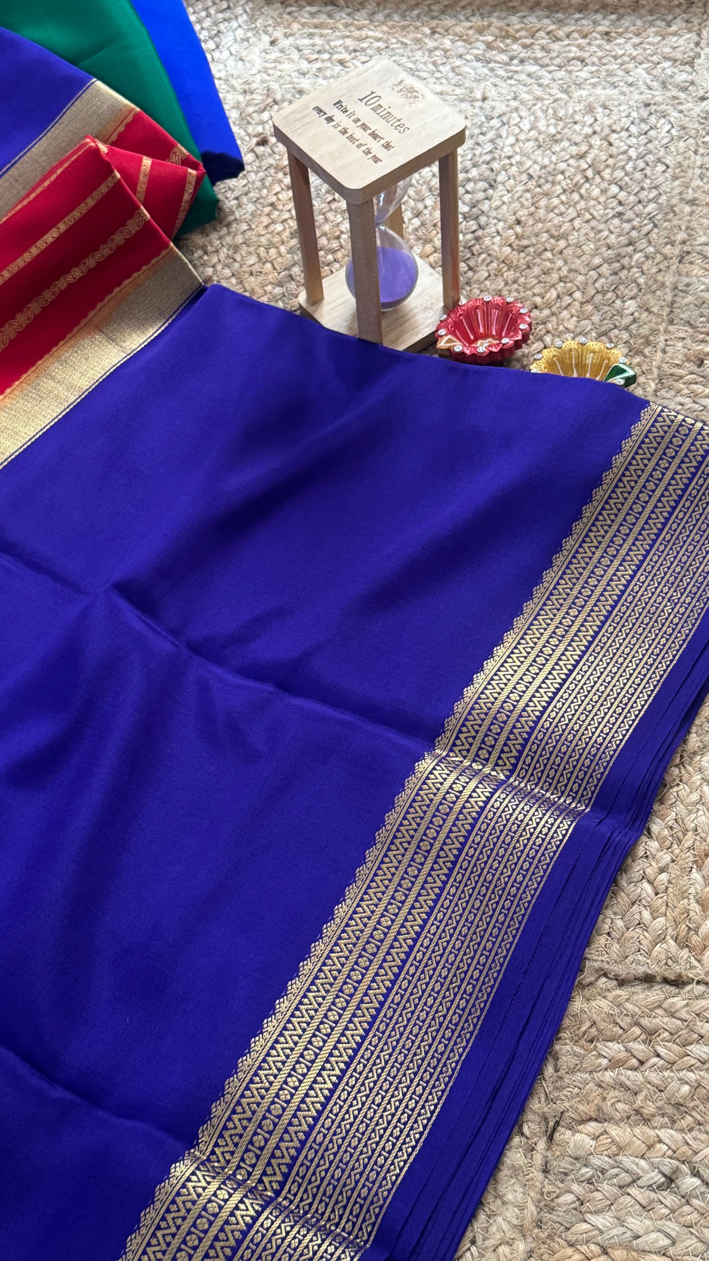 Pure Mysore Silk Saree - Center Stripes - Blue and Red