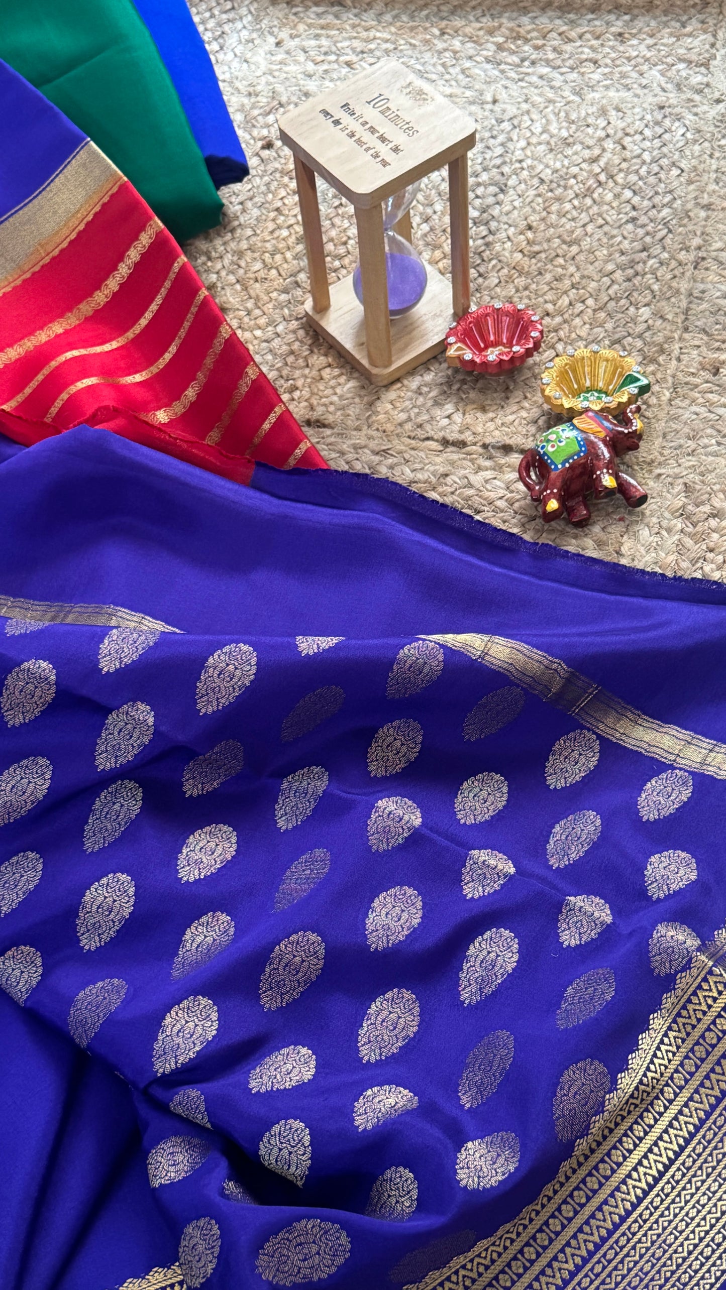 Pure Mysore Silk Saree - Center Stripes - Blue and Red