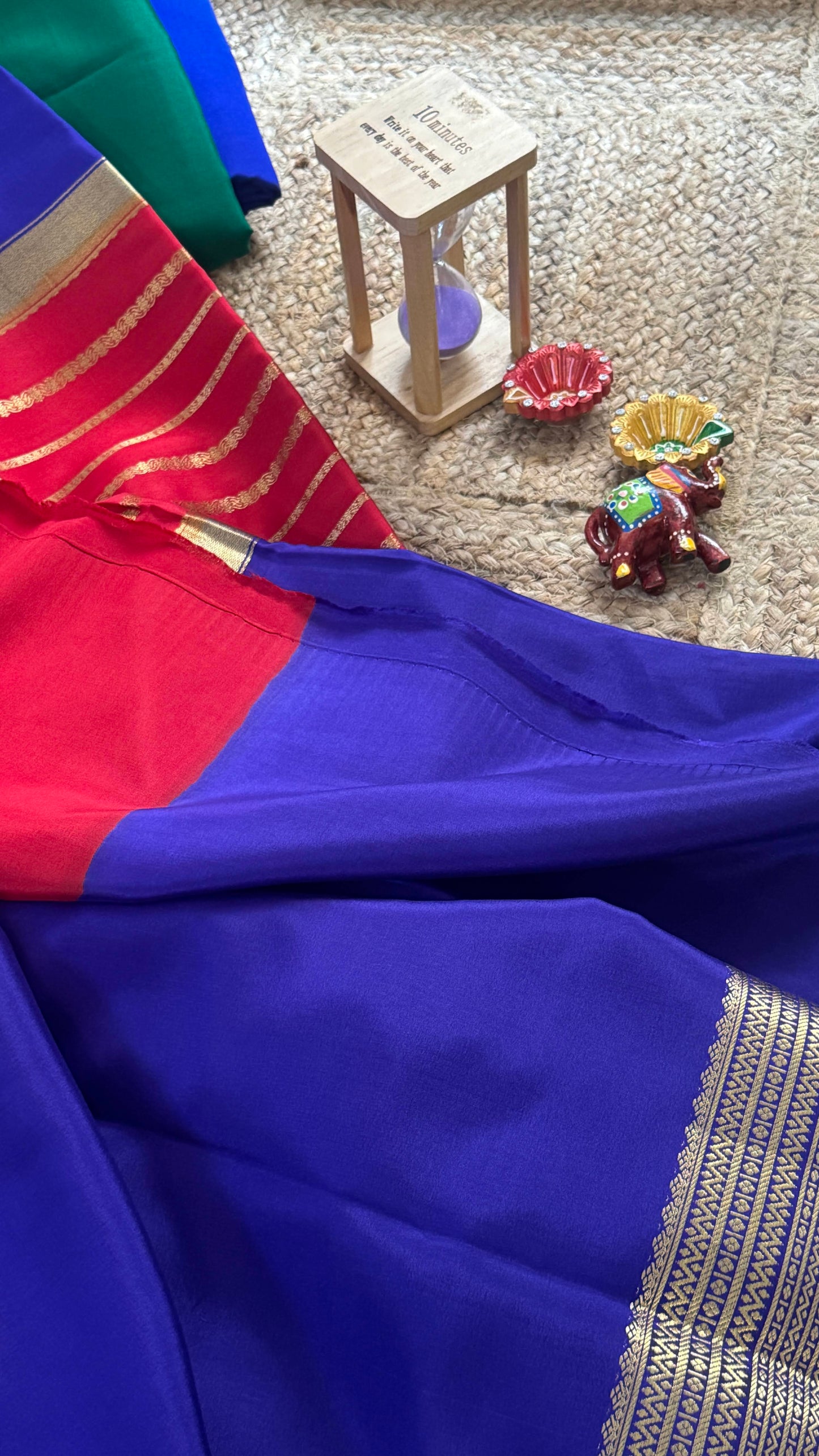 Pure Mysore Silk Saree - Center Stripes - Blue and Red
