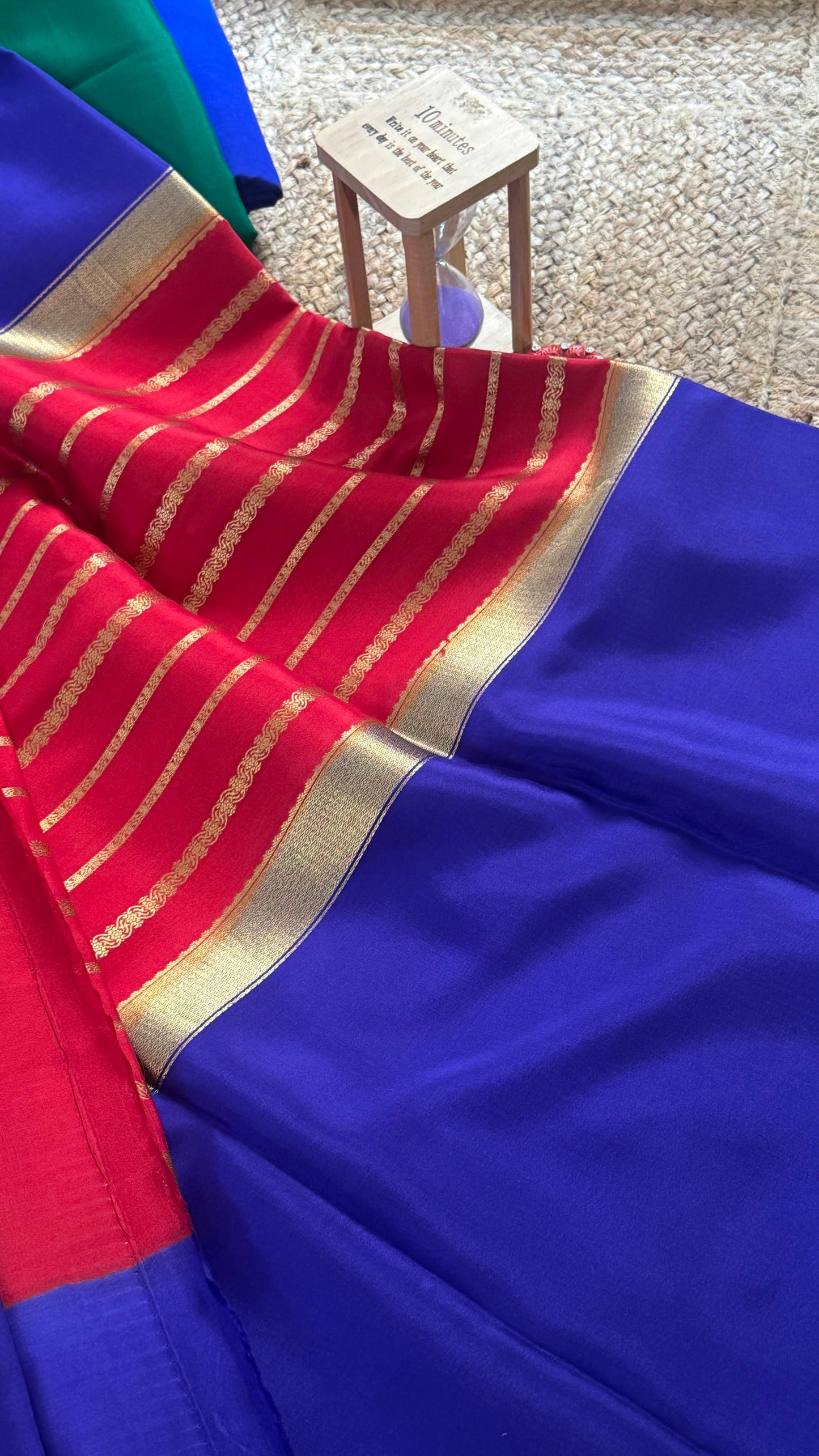 Pure Mysore Silk Saree - Center Stripes - Blue and Red