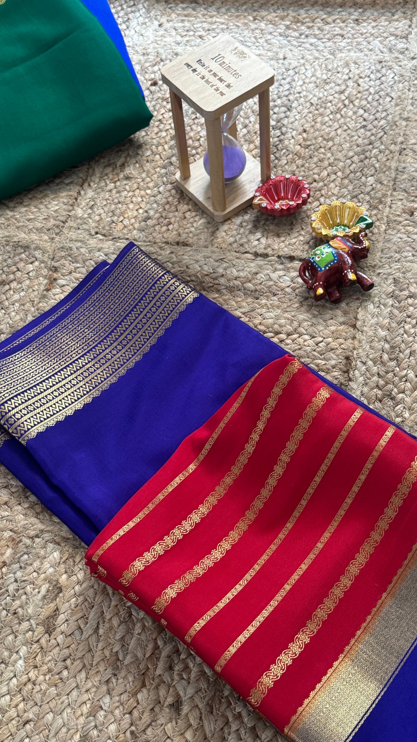 Pure Mysore Silk Saree - Center Stripes - Blue and Red