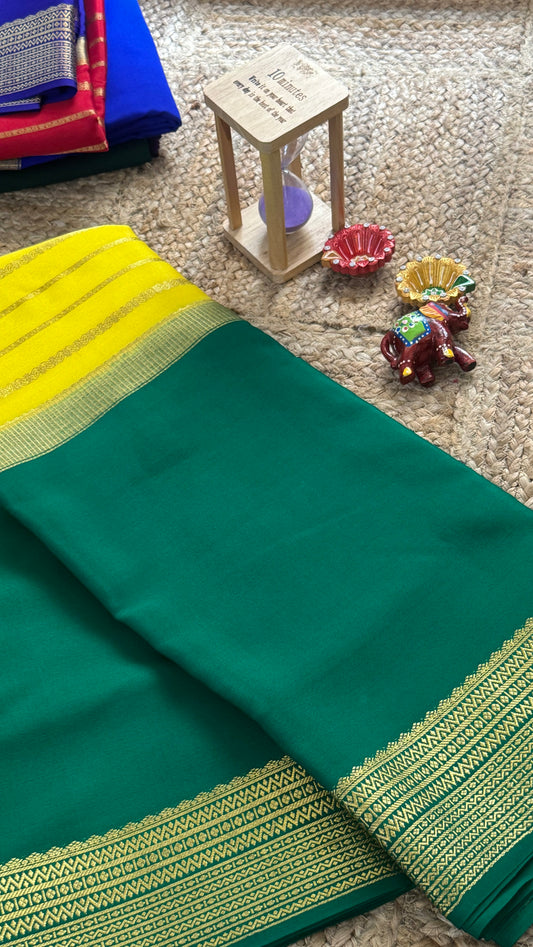 Pure Mysore Silk Saree - Center Stripes - Green and Yellow