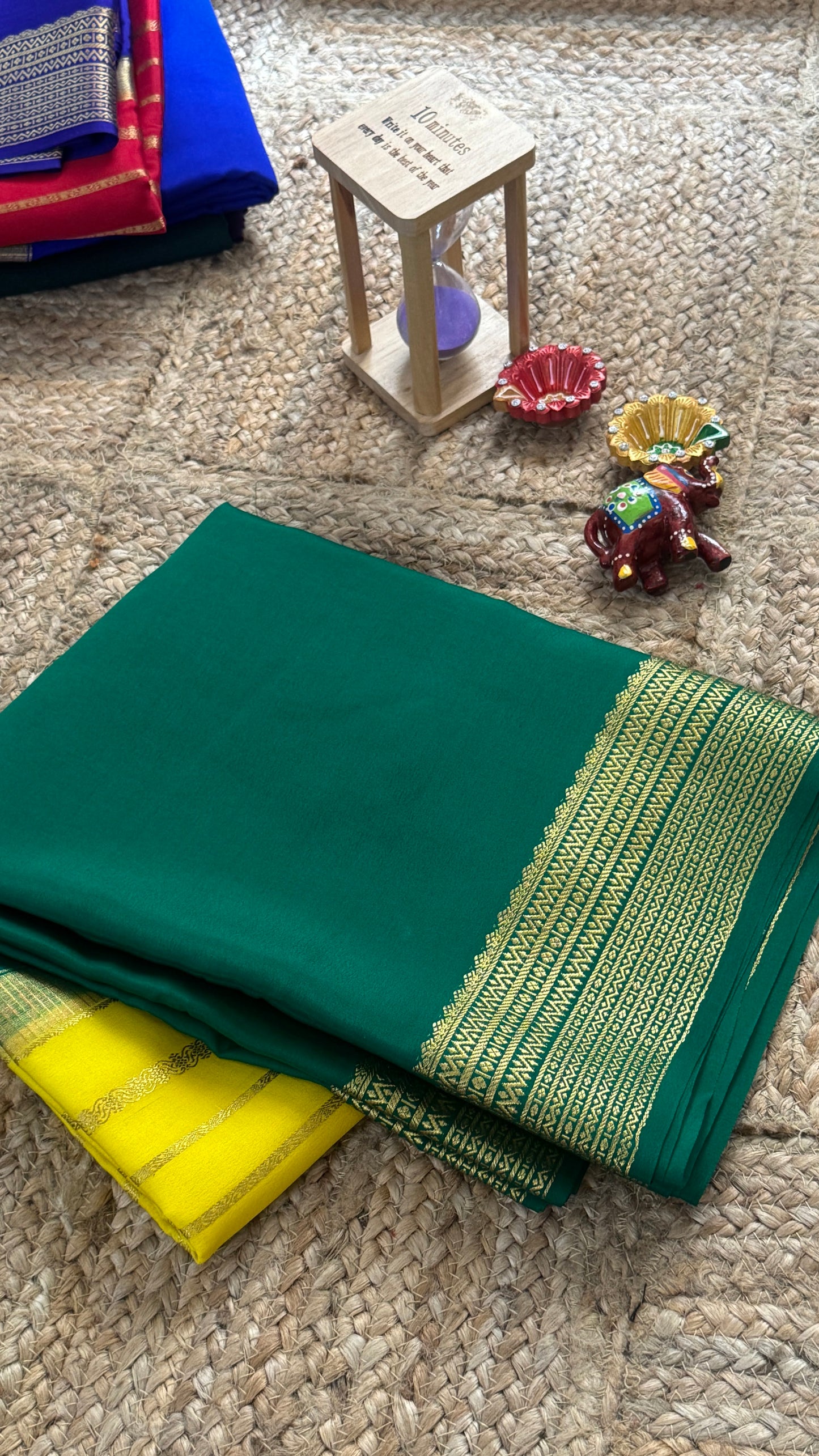 Pure Mysore Silk Saree - Center Stripes - Green and Yellow