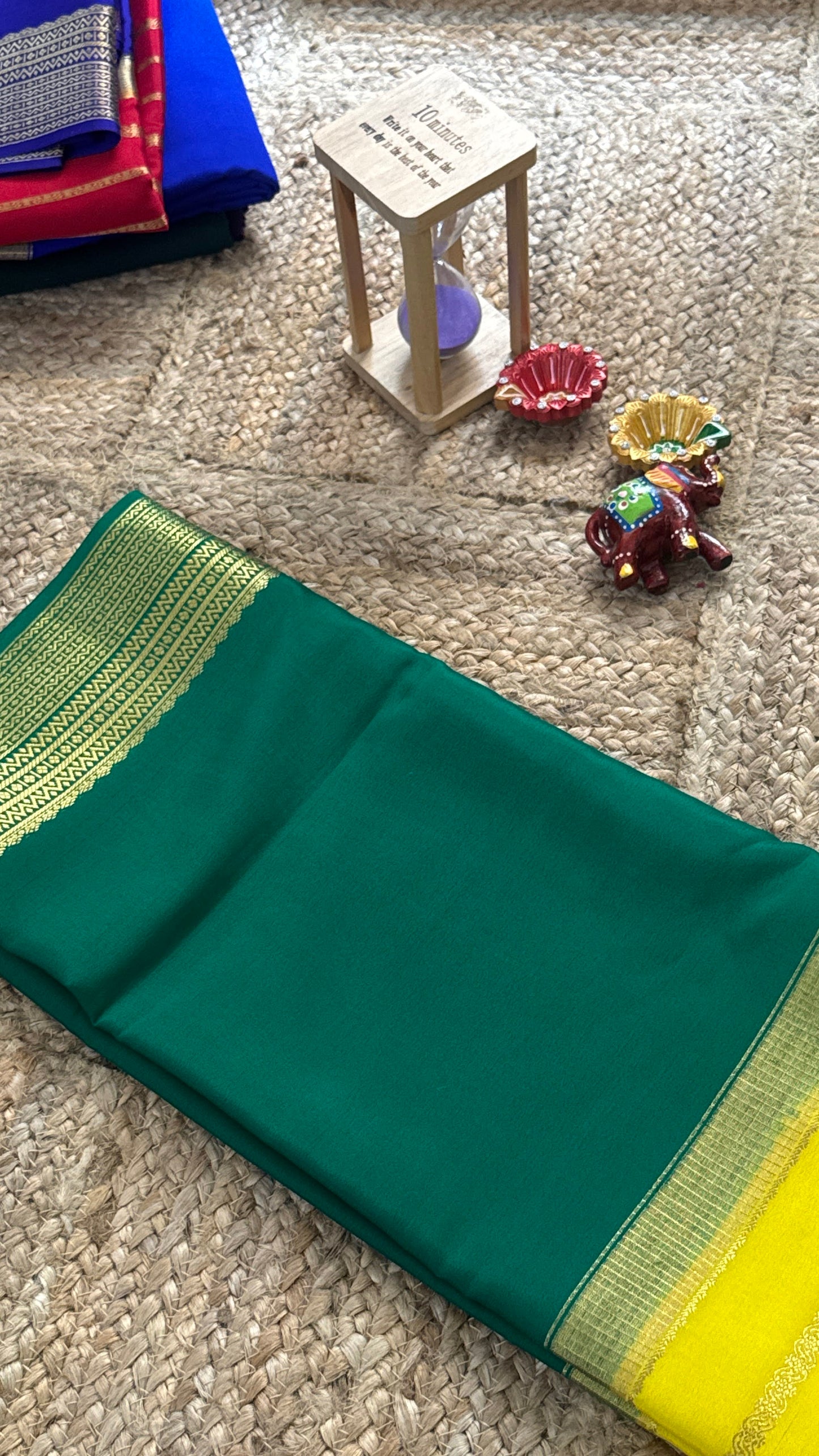 Pure Mysore Silk Saree - Center Stripes - Green and Yellow
