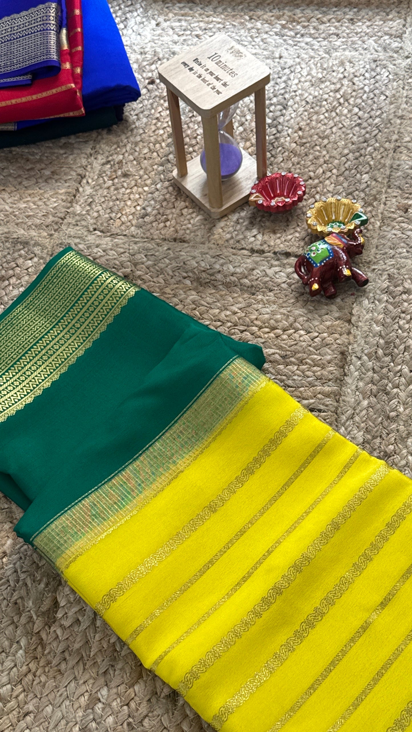 Pure Mysore Silk Saree - Center Stripes - Green and Yellow