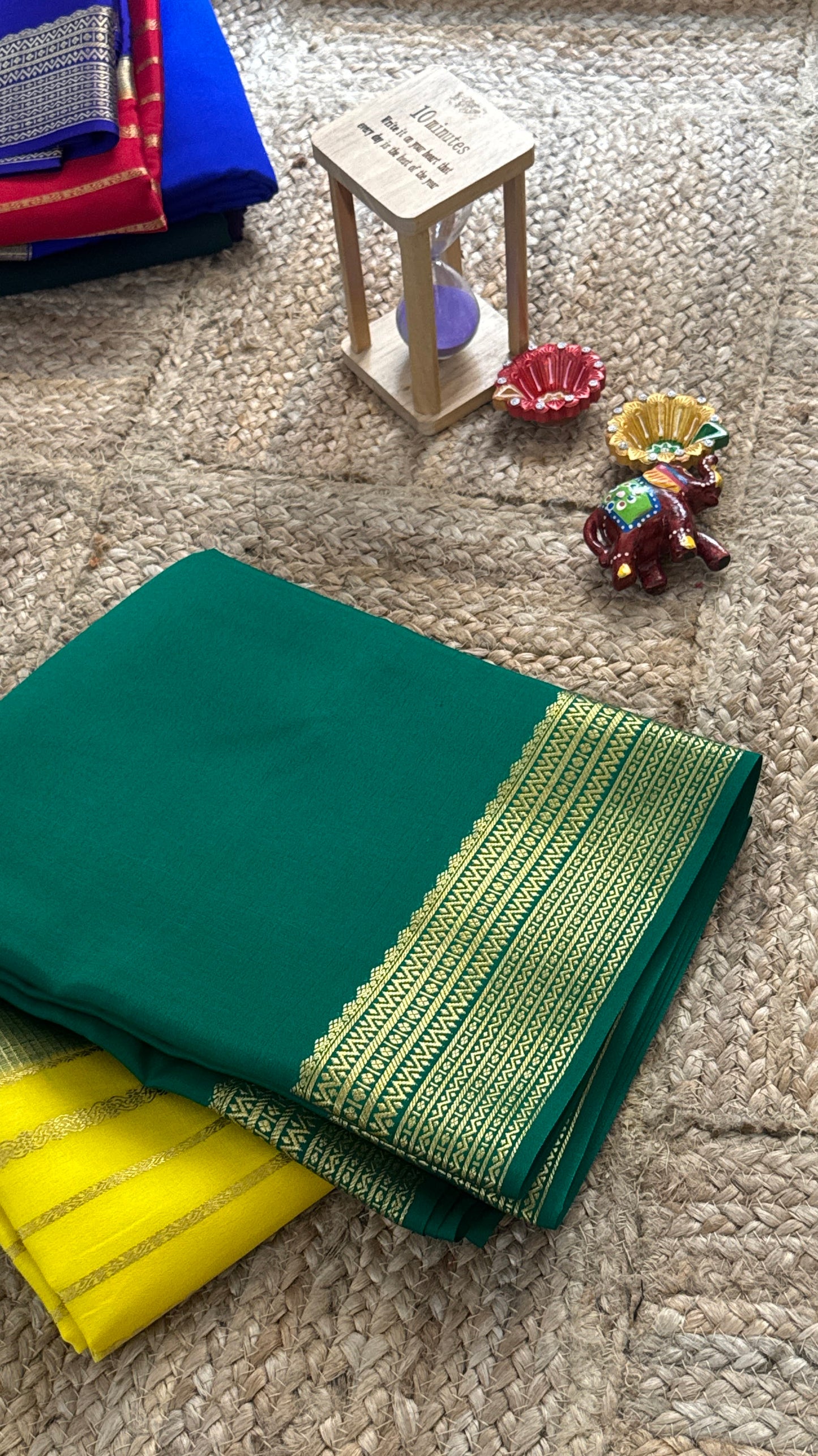 Pure Mysore Silk Saree - Center Stripes - Green and Yellow