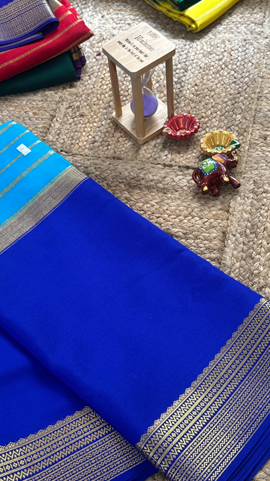 Pure Mysore Silk Saree - Center Stripes - Blue and Royal Blue