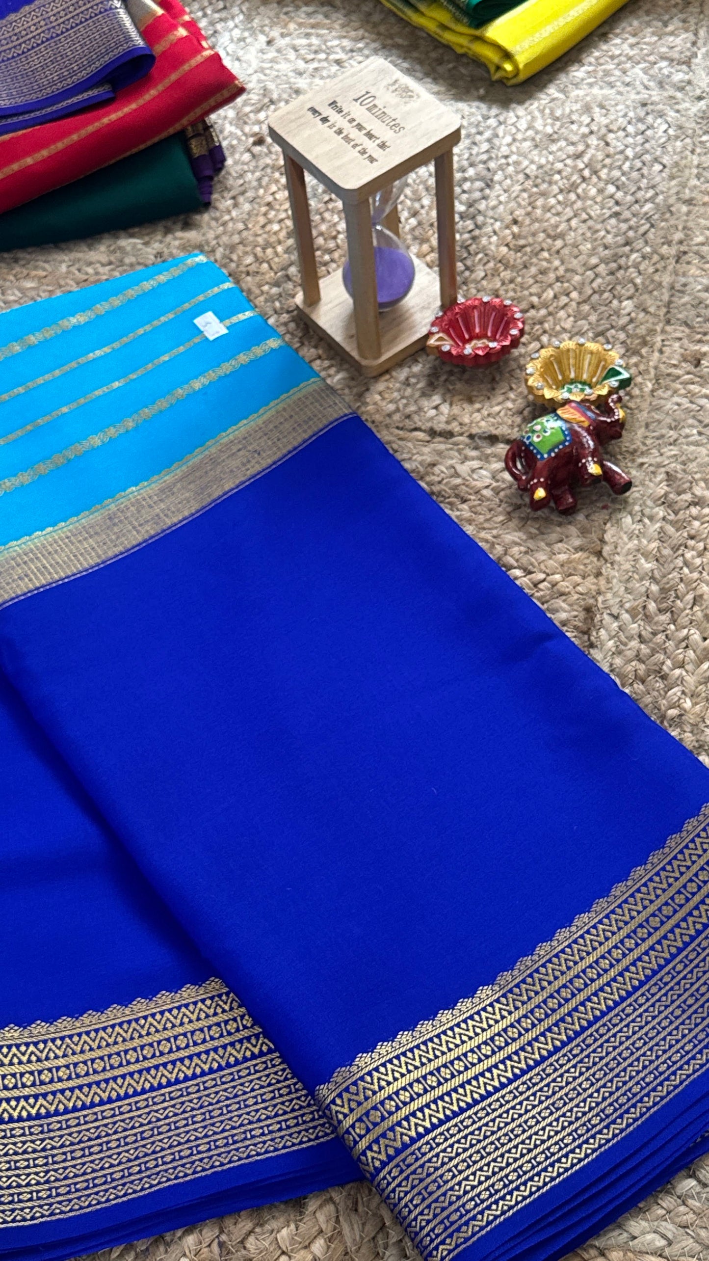 Pure Mysore Silk Saree - Center Stripes - Blue and Royal Blue