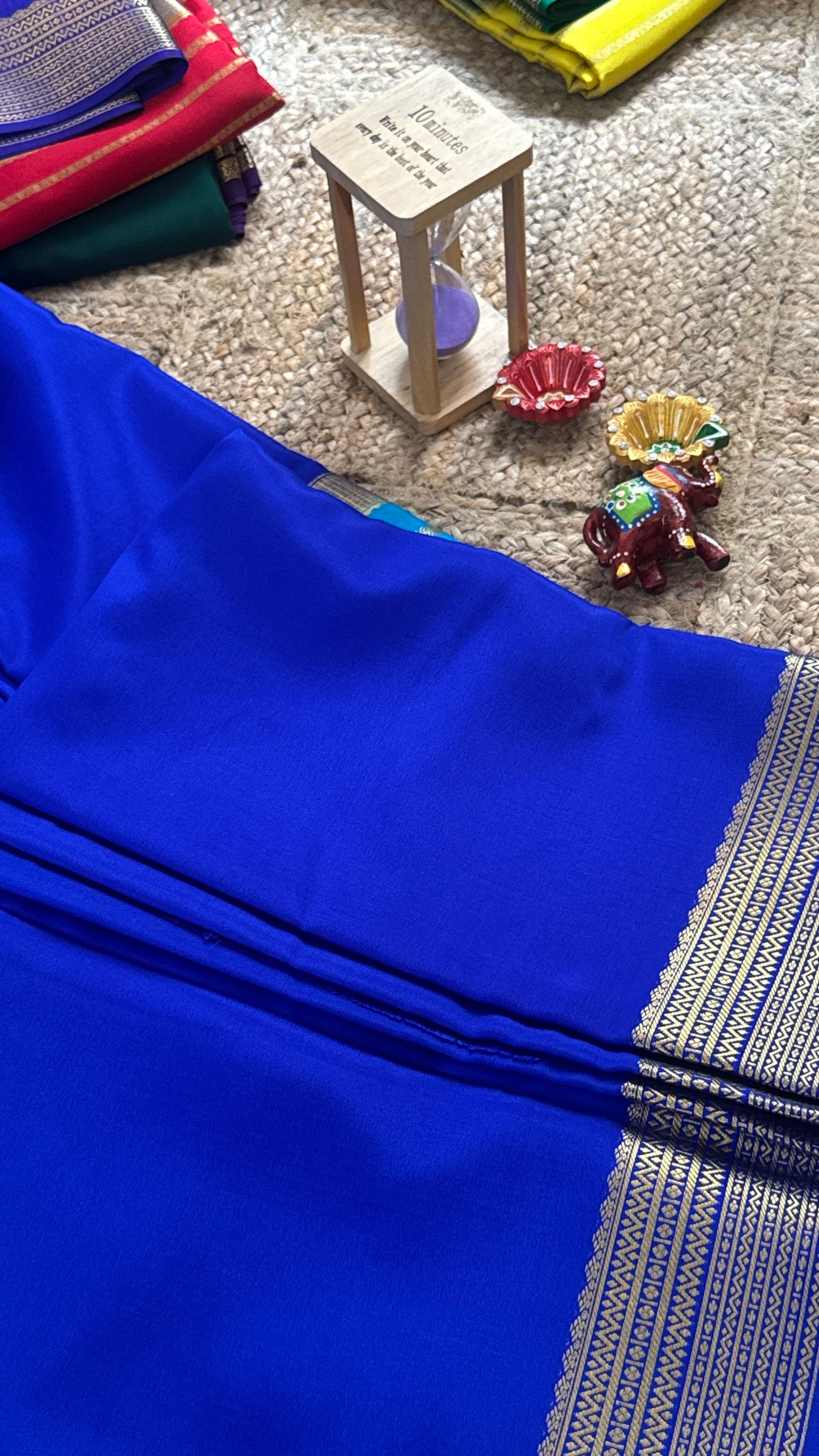 Pure Mysore Silk Saree - Center Stripes - Blue and Royal Blue