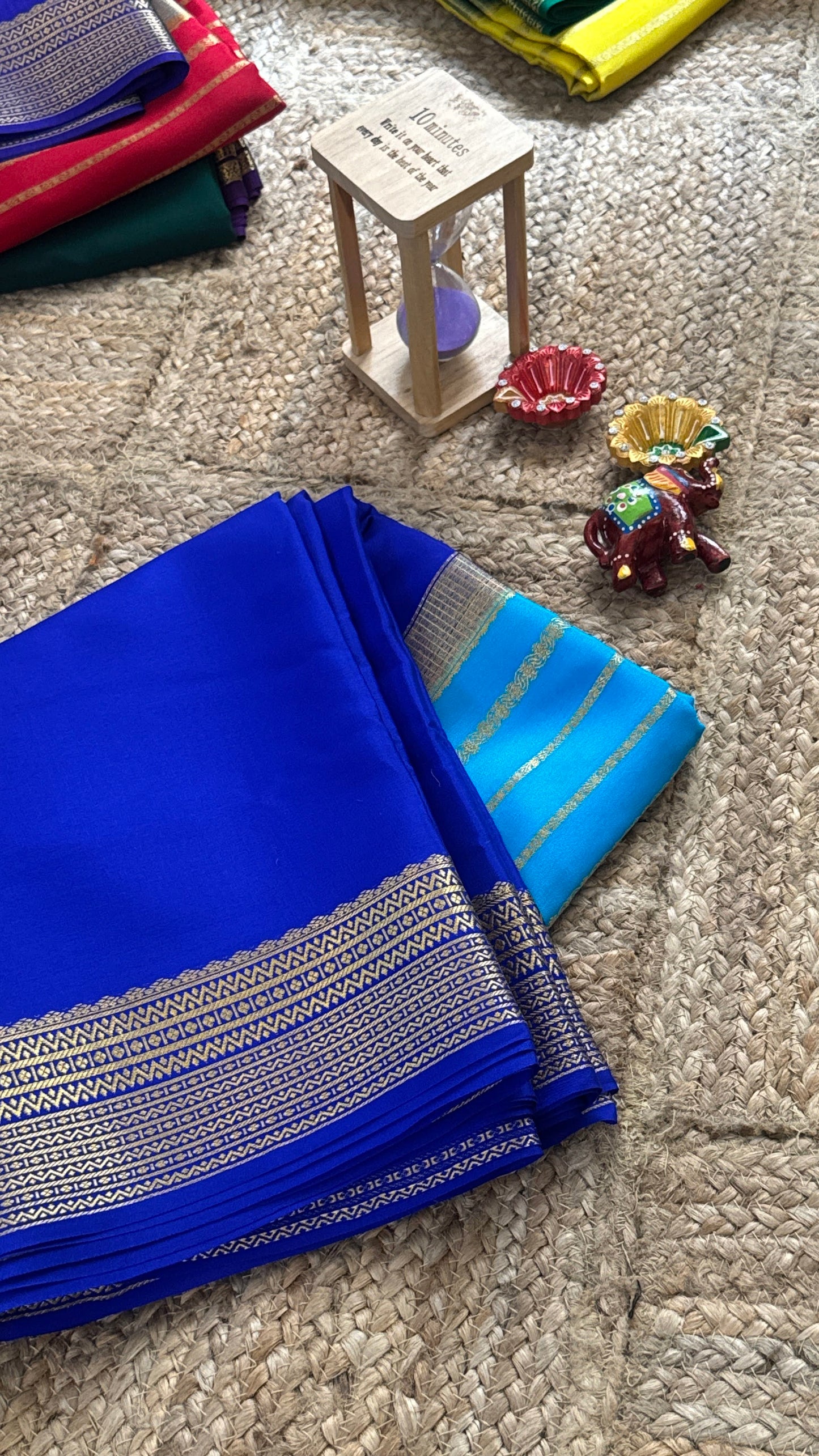 Pure Mysore Silk Saree - Center Stripes - Blue and Royal Blue