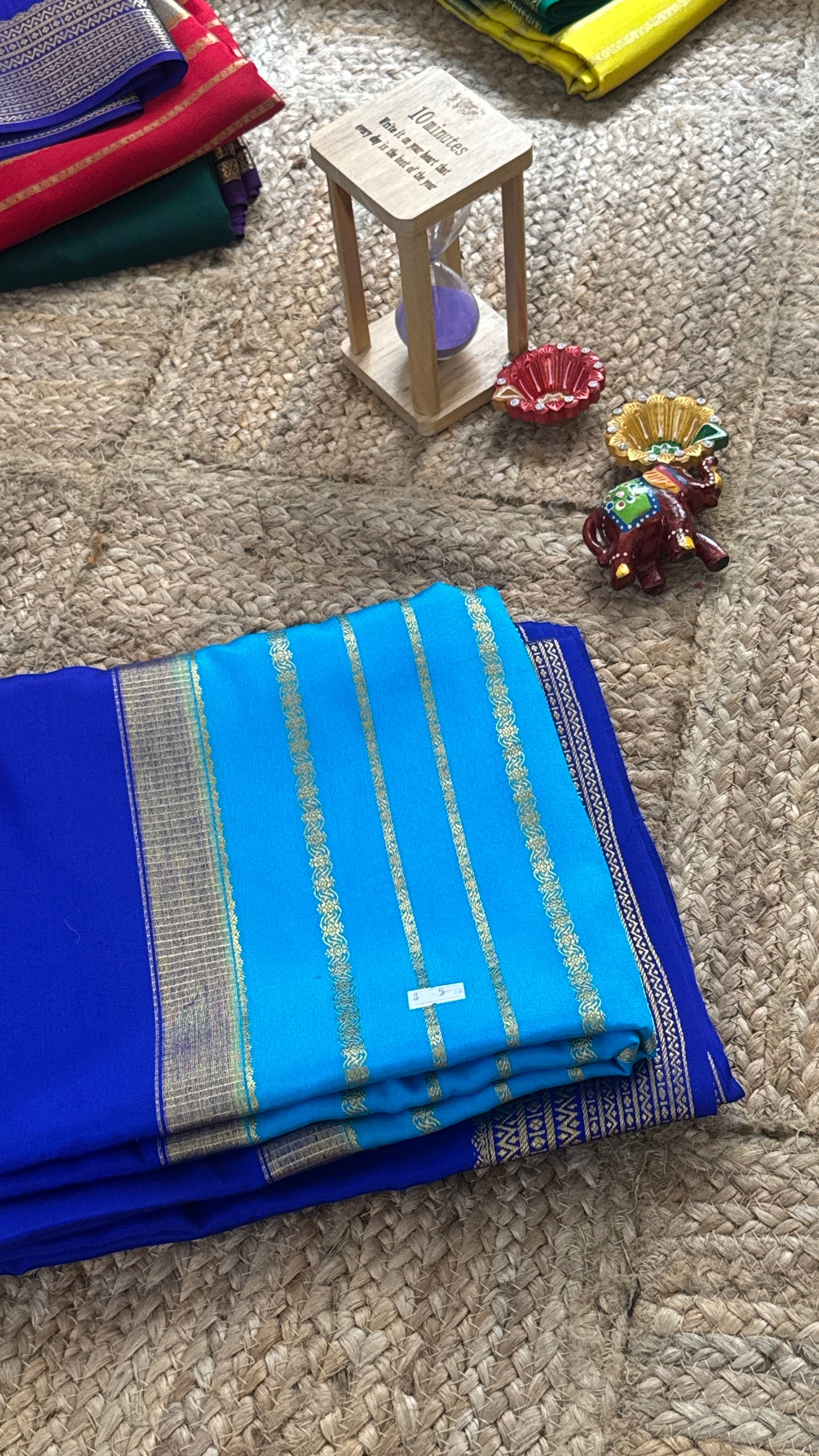 Pure Mysore Silk Saree - Center Stripes - Blue and Royal Blue
