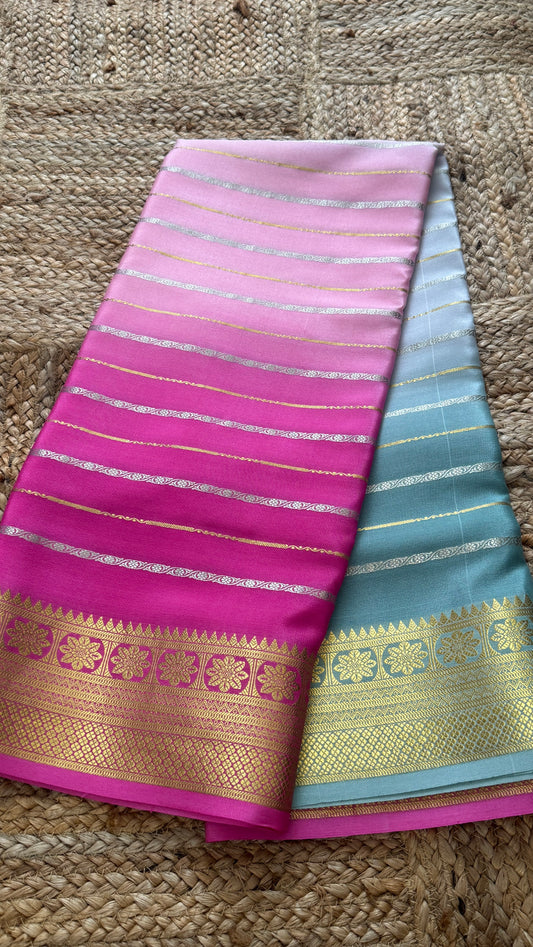 Pure Mysore Silk Sarees - Bespoke Brush Dyeing - Pink and Teal