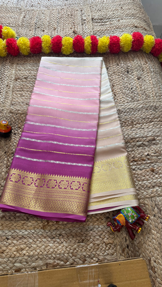 Pure Mysore Silk Sarees - Bespoke Brush Dyeing - Purple to Beige