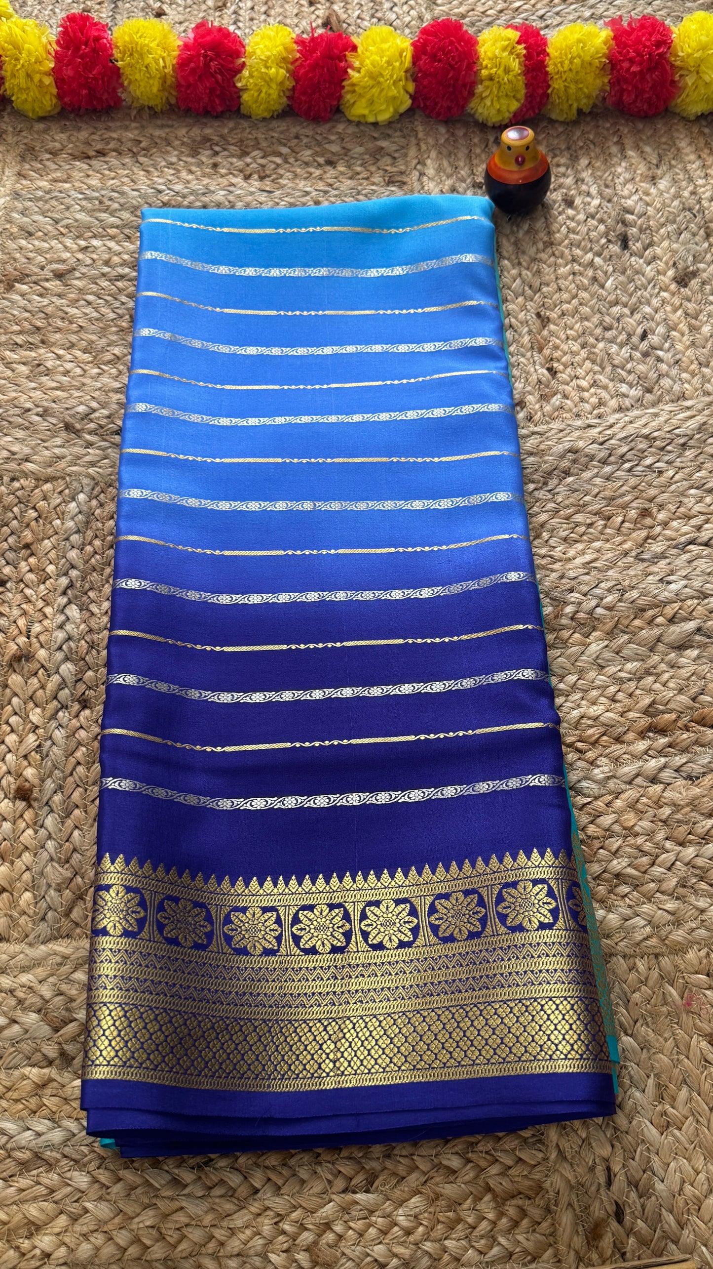 Pure Mysore Silk Sarees - Bespoke Brush Dyeing - Dark Blue and Light Blue