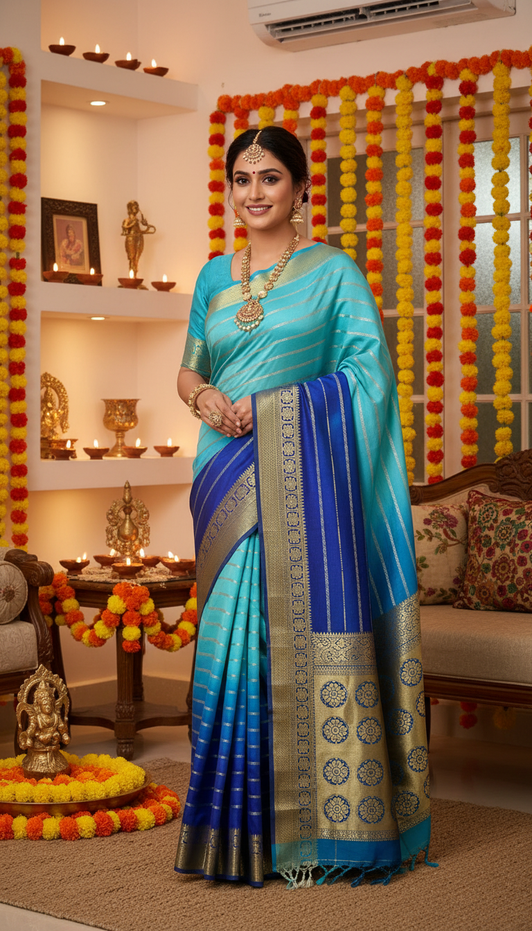 Pure Mysore Silk Sarees - Bespoke Brush Dyeing - Dark Blue and Light Blue