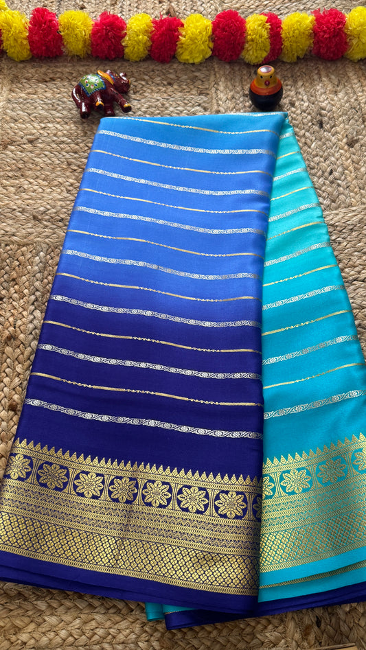 Pure Mysore Silk Sarees - Bespoke Brush Dyeing - Dark Blue and Light Blue