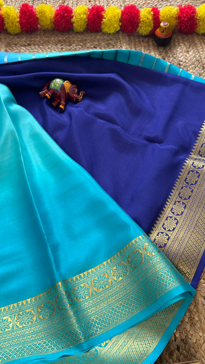 Pure Mysore Silk Sarees - Bespoke Brush Dyeing - Dark Blue and Light Blue