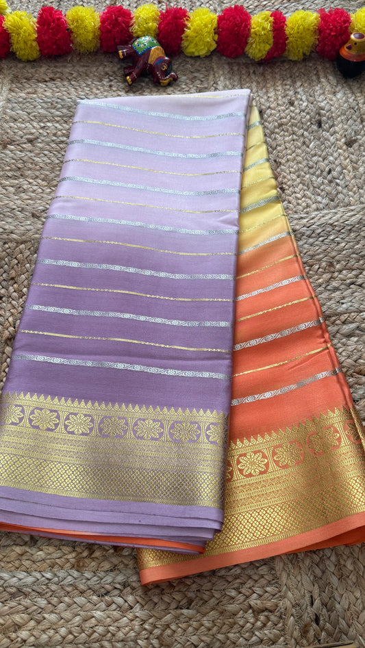 Pure Mysore Silk Sarees - Bespoke Brush Dyeing - Lavendar to Orange