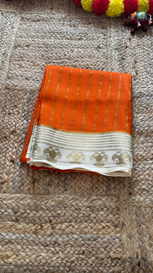 Pure Mysore Silk Saree - Weft Lines Saree Orange with Cream Boarder