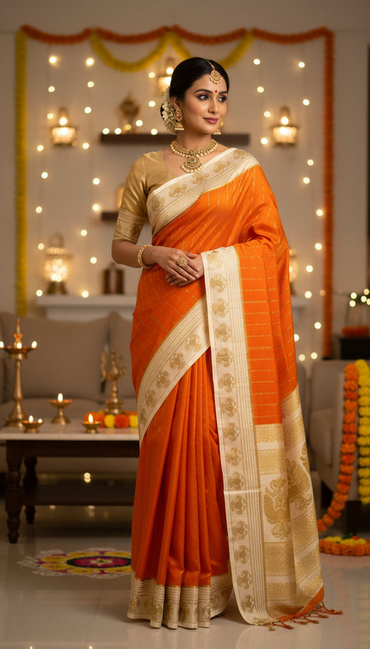 Pure Mysore Silk Saree - Weft Lines Saree Orange with Cream Boarder