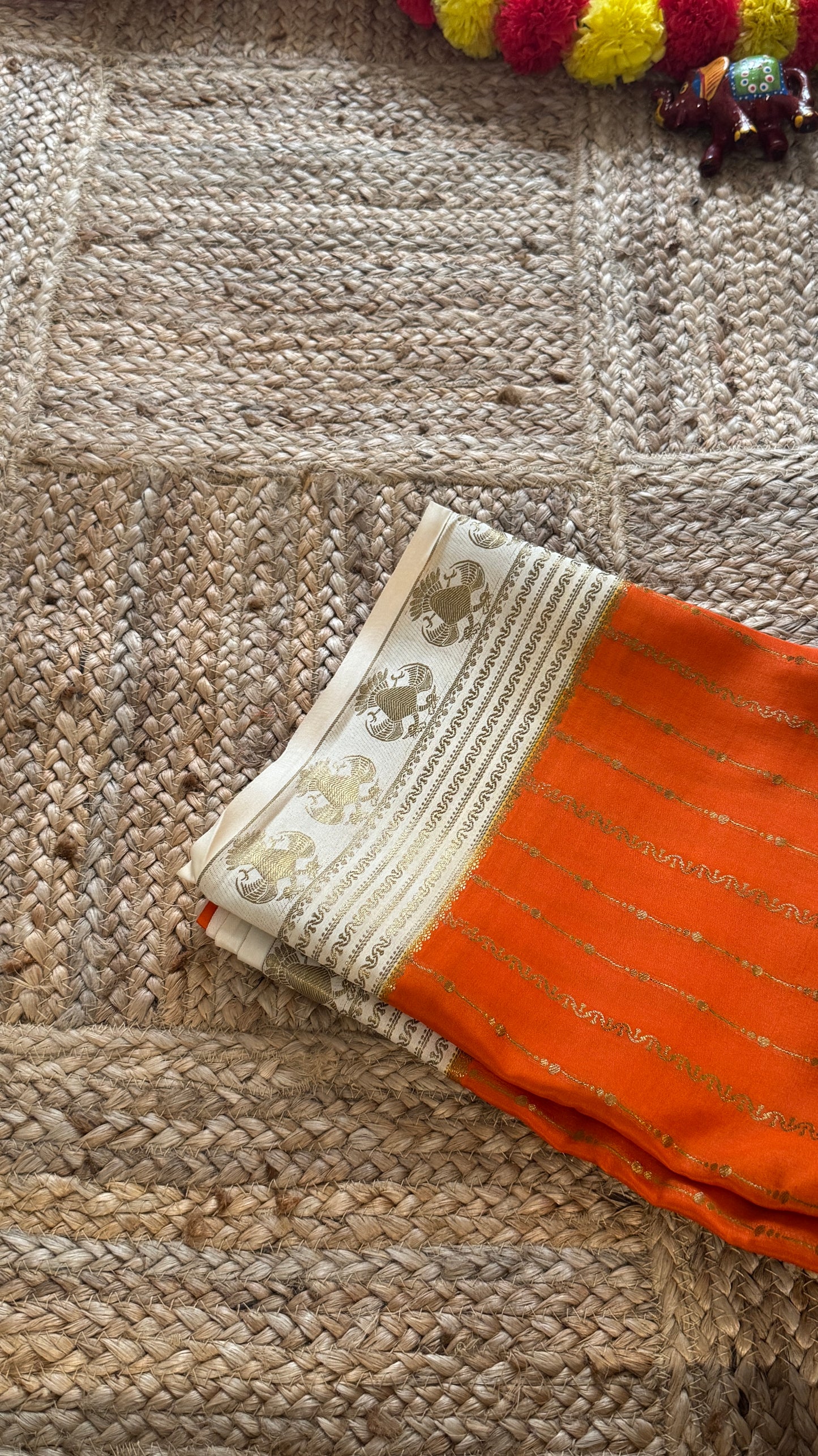 Pure Mysore Silk Saree - Weft Lines Saree Orange with Cream Boarder