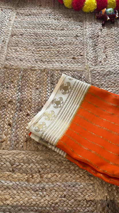 Pure Mysore Silk Saree - Weft Lines Saree Orange with Cream Boarder