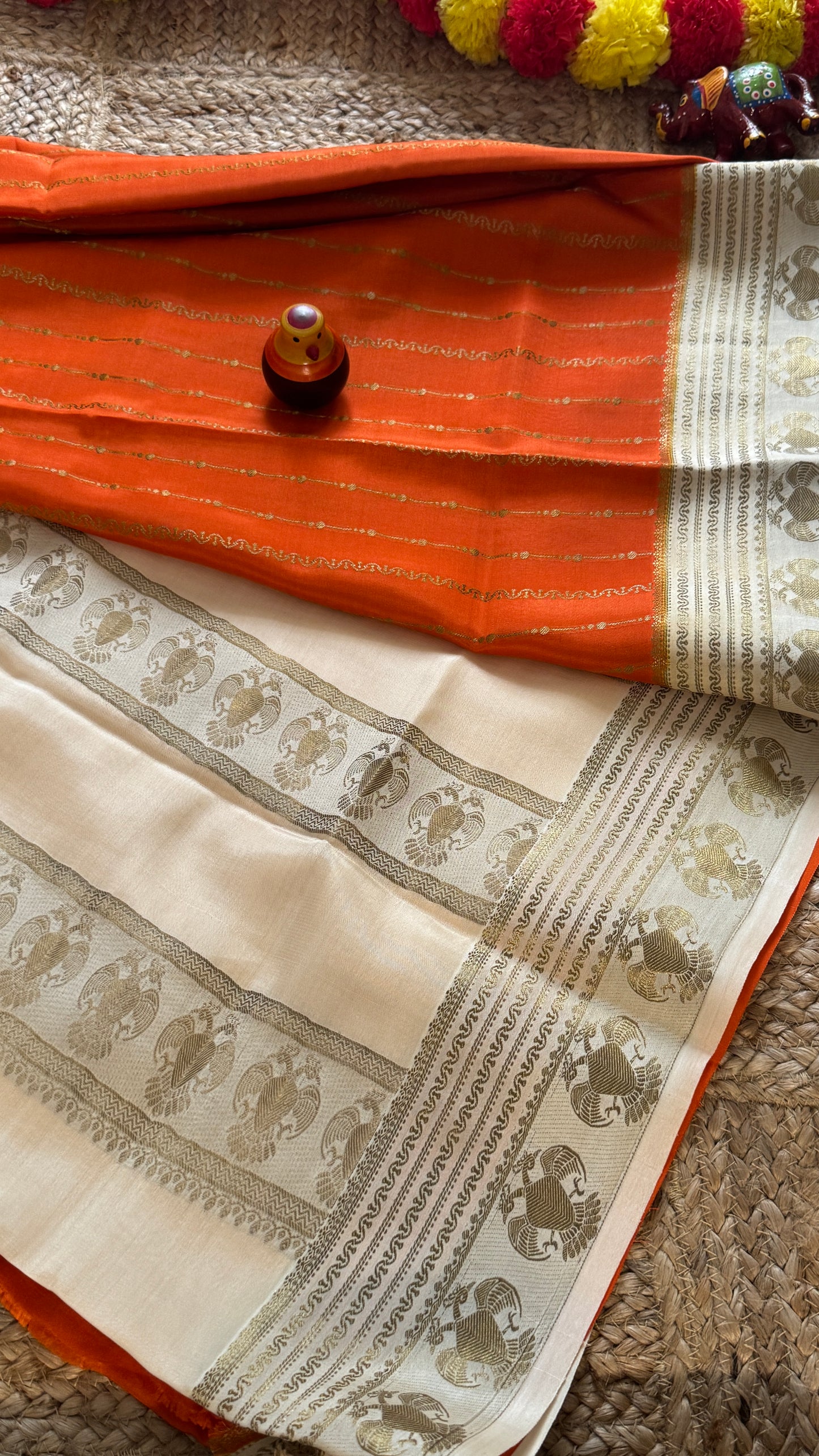 Pure Mysore Silk Saree - Weft Lines Saree Orange with Cream Boarder