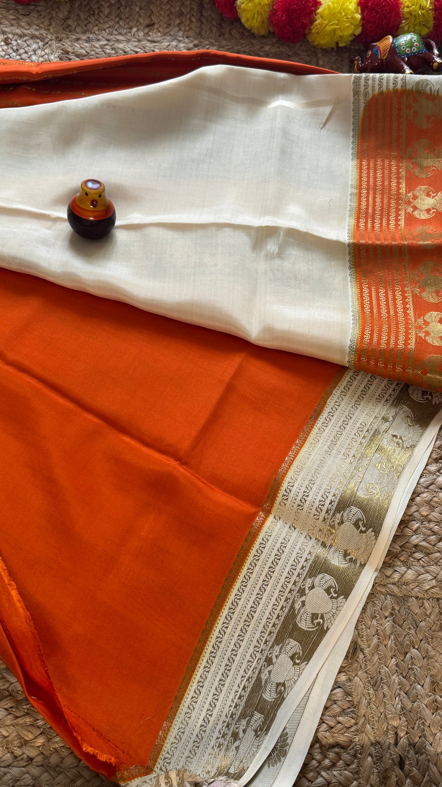 Pure Mysore Silk Saree - Weft Lines Saree Orange with Cream Boarder