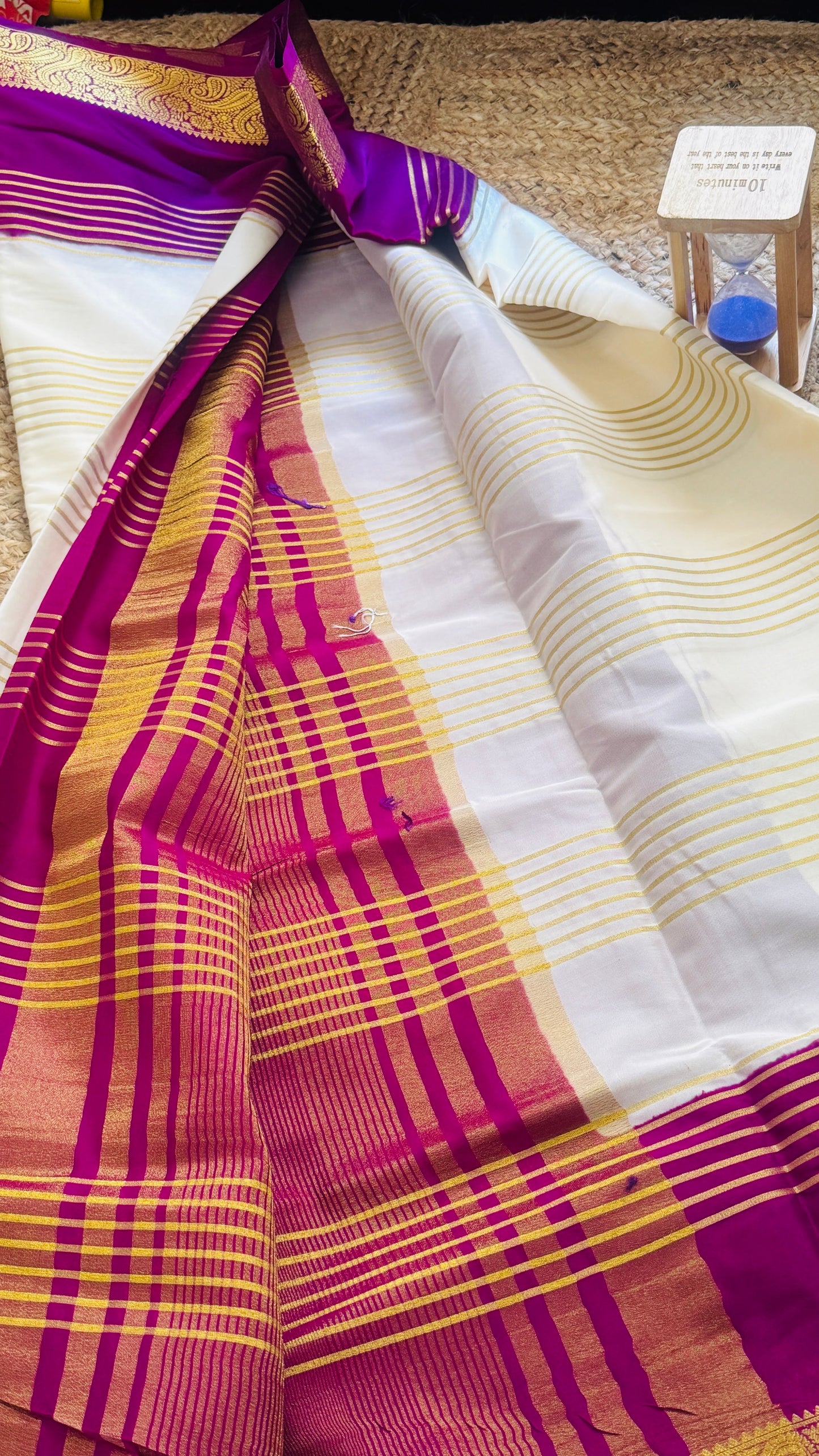 Semi Silk Saree - Cream and Purple