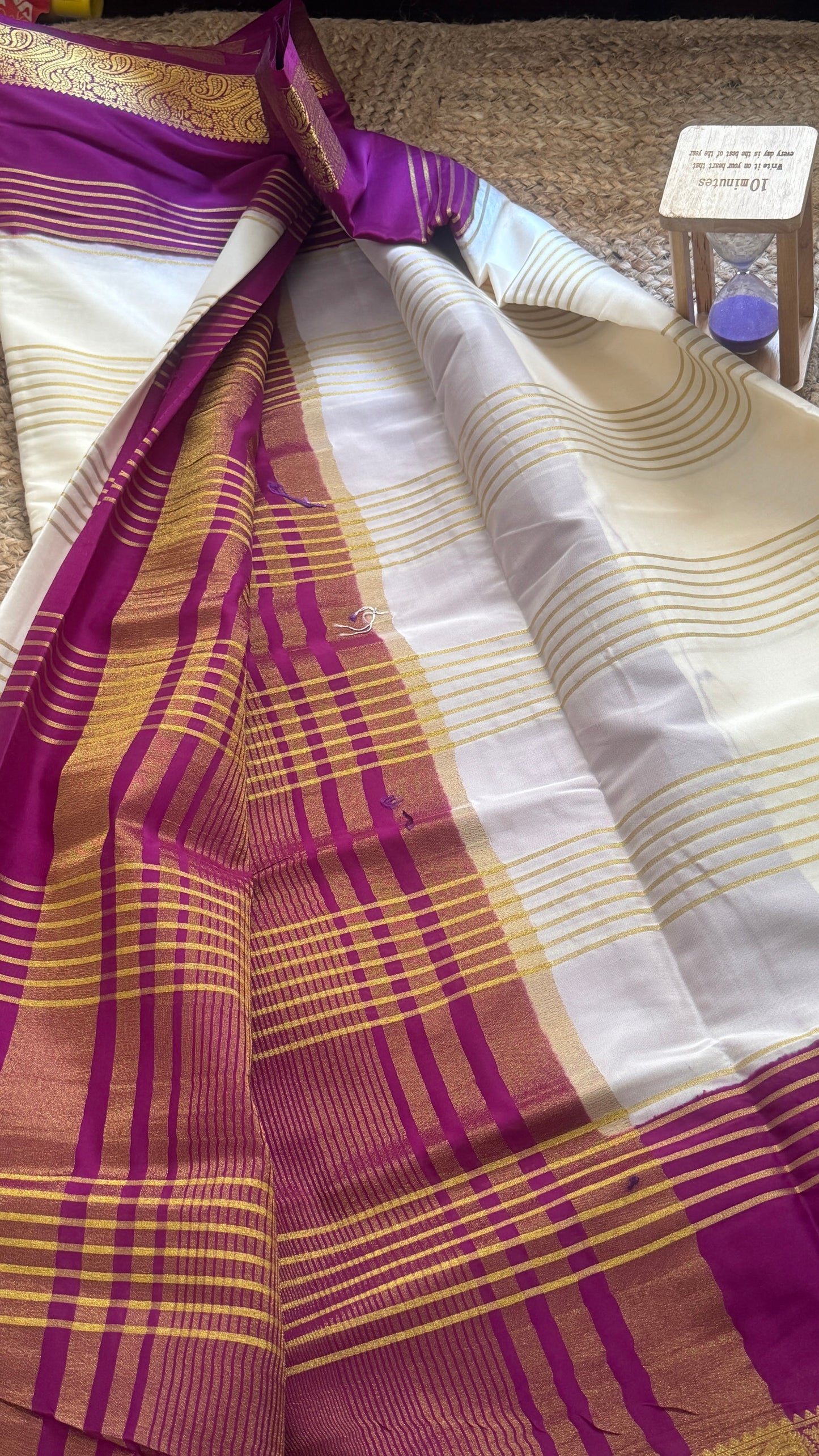 Semi Silk Saree - Cream and Purple