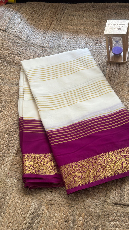 Semi Silk Saree - Cream and Purple