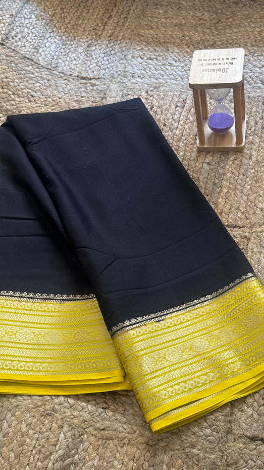 Semi Silk Saree with Gap Boarder - Black and Mustard