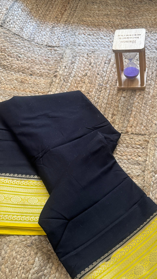 Semi Silk Saree with Gap Boarder - Black and Mustard