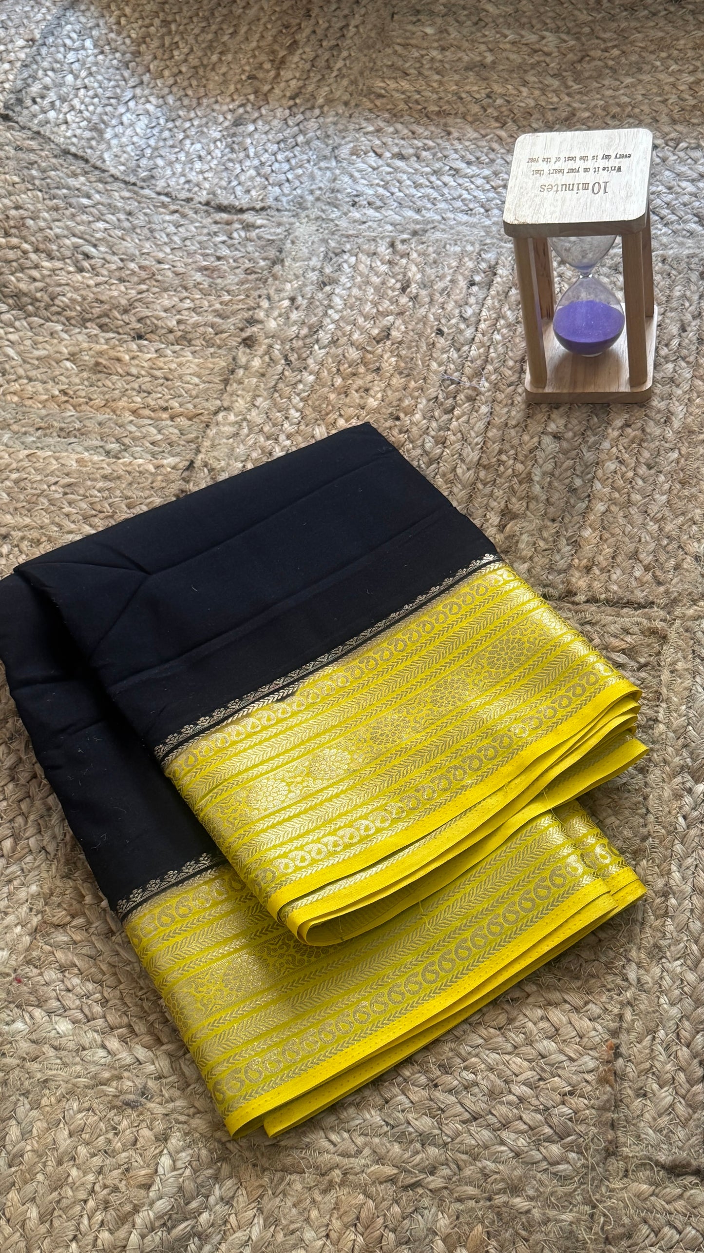 Semi Silk Saree with Gap Boarder - Black and Mustard