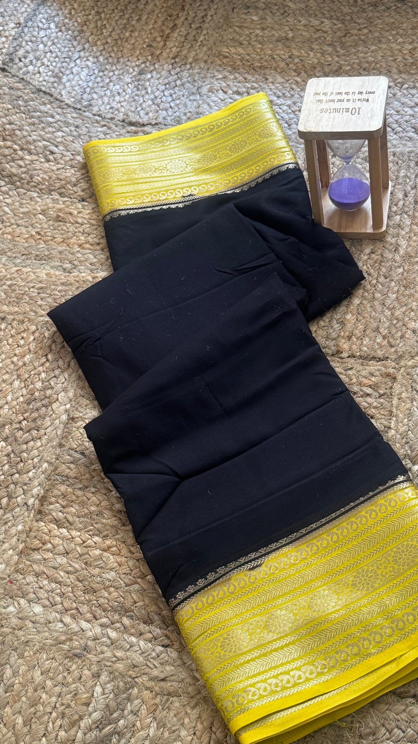 Semi Silk Saree with Gap Boarder - Black and Mustard