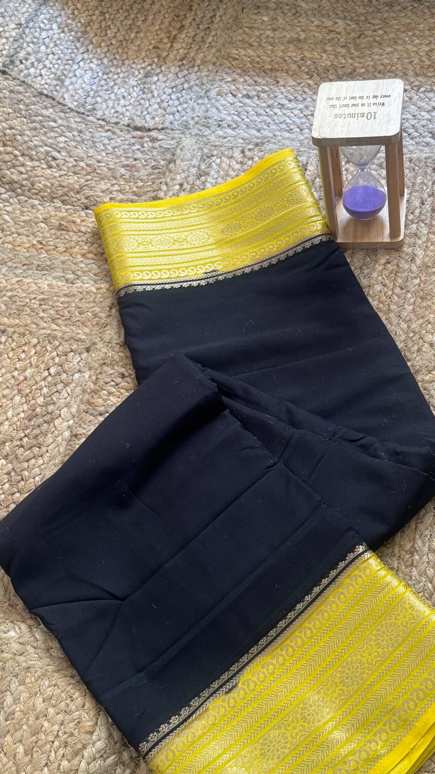 Semi Silk Saree with Gap Boarder - Black and Mustard