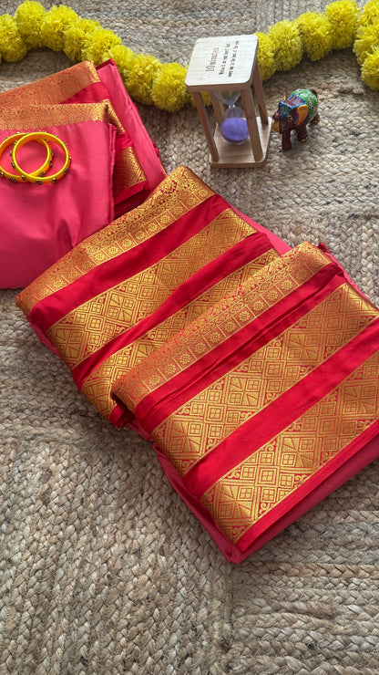 Semi Silk Saree - Peach and Red